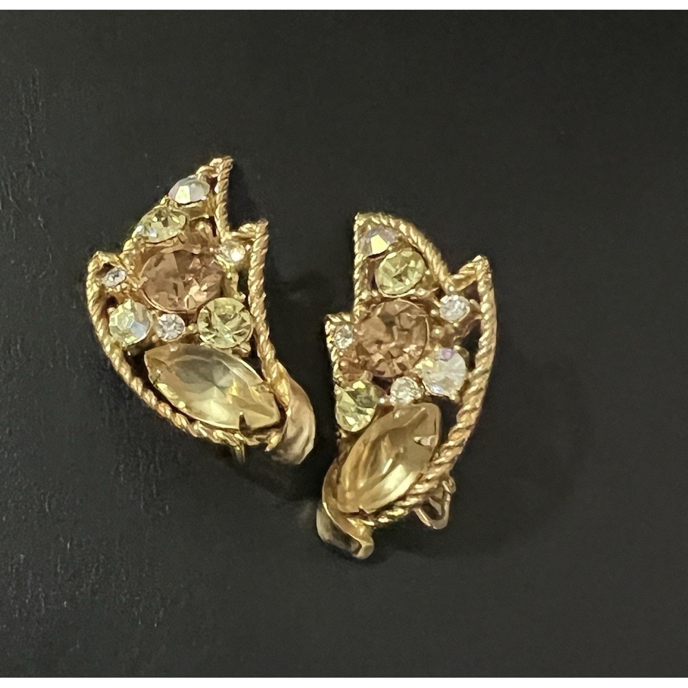 VTG Emmons earrings MULTICOLOR RHINESTONE AMBER GLOW  openwork Climber - Picture 3 of 15